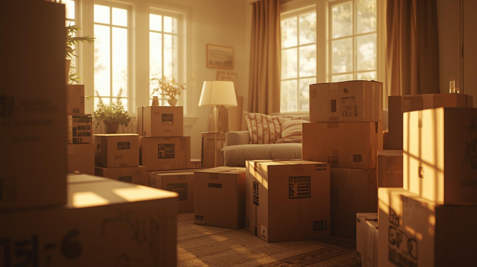 Labeled moving boxes stacked neatly in a bright Winchester VA home living room, symbolizing organization and stress-free relocation in the Shenandoah Valley.