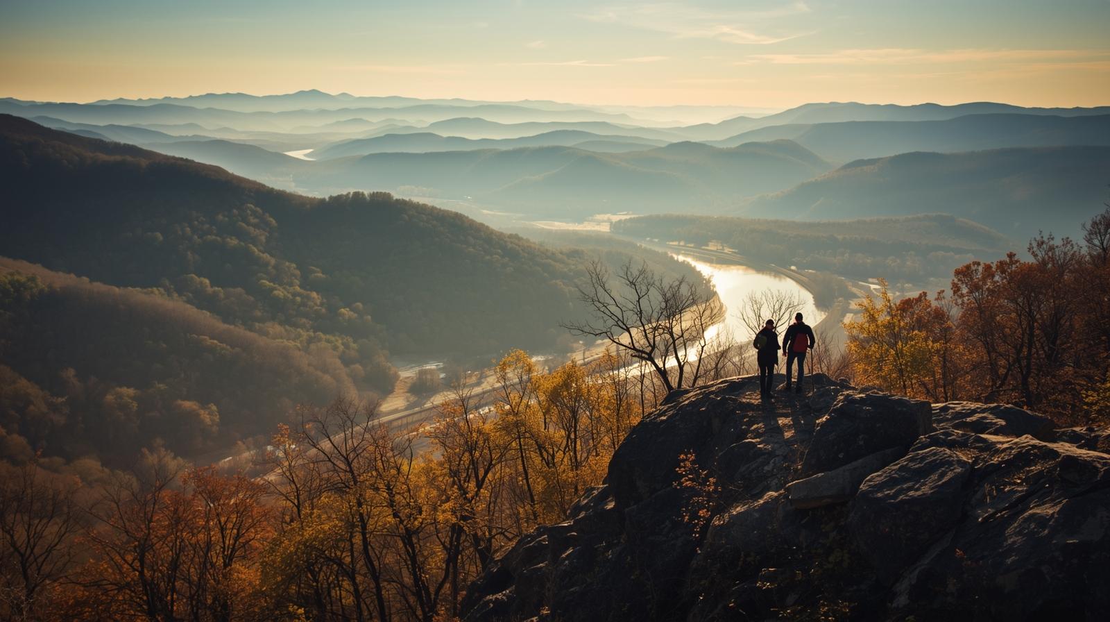 Sunset view of hikers overlooking the Shenandoah Valley near Winchester, VA.