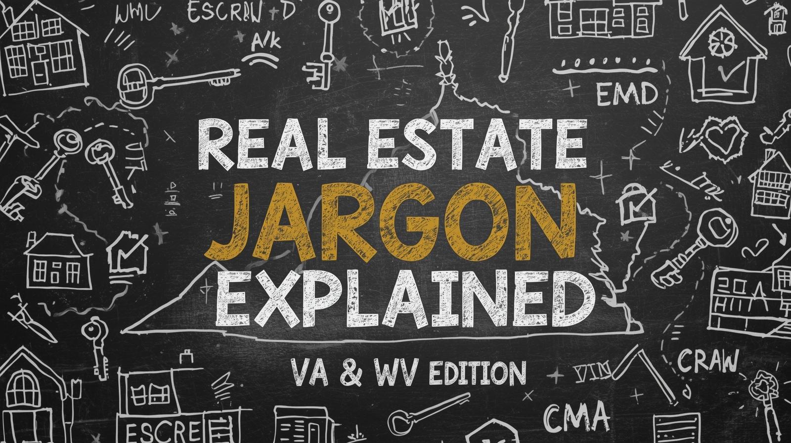 Chalkboard background with hand-drawn real estate terms and doodles representing VA and WV real estate concepts.