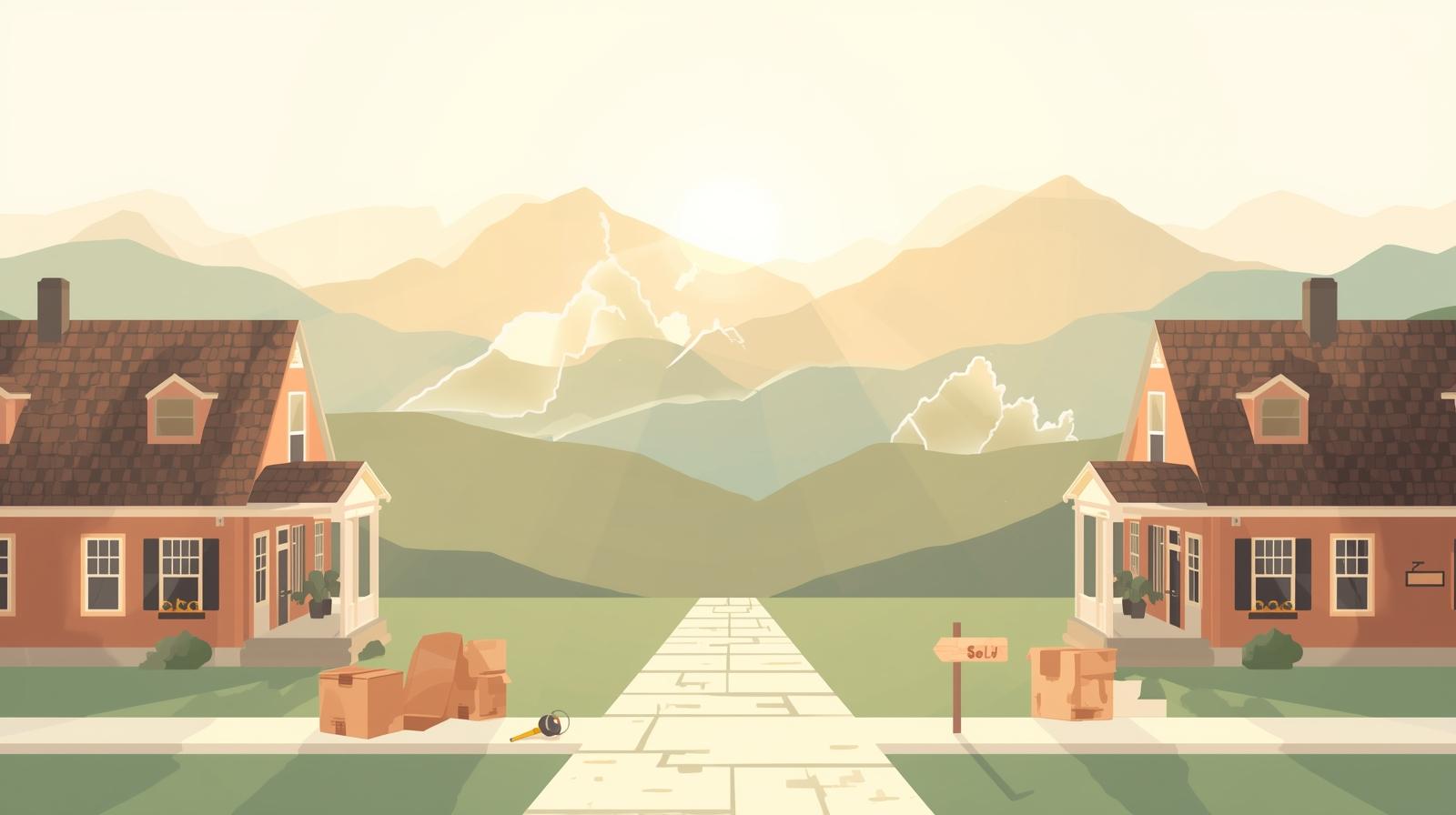 Two connected homes with moving boxes and keys, symbolizing selling and buying a home simultaneously in Winchester VA and WV’s Eastern Panhandle.