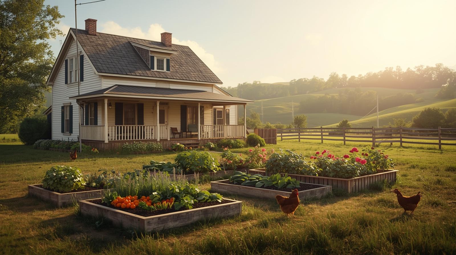 Homestead-style rural property with farmhouse, gardens, and open land in Virginia and West Virginia