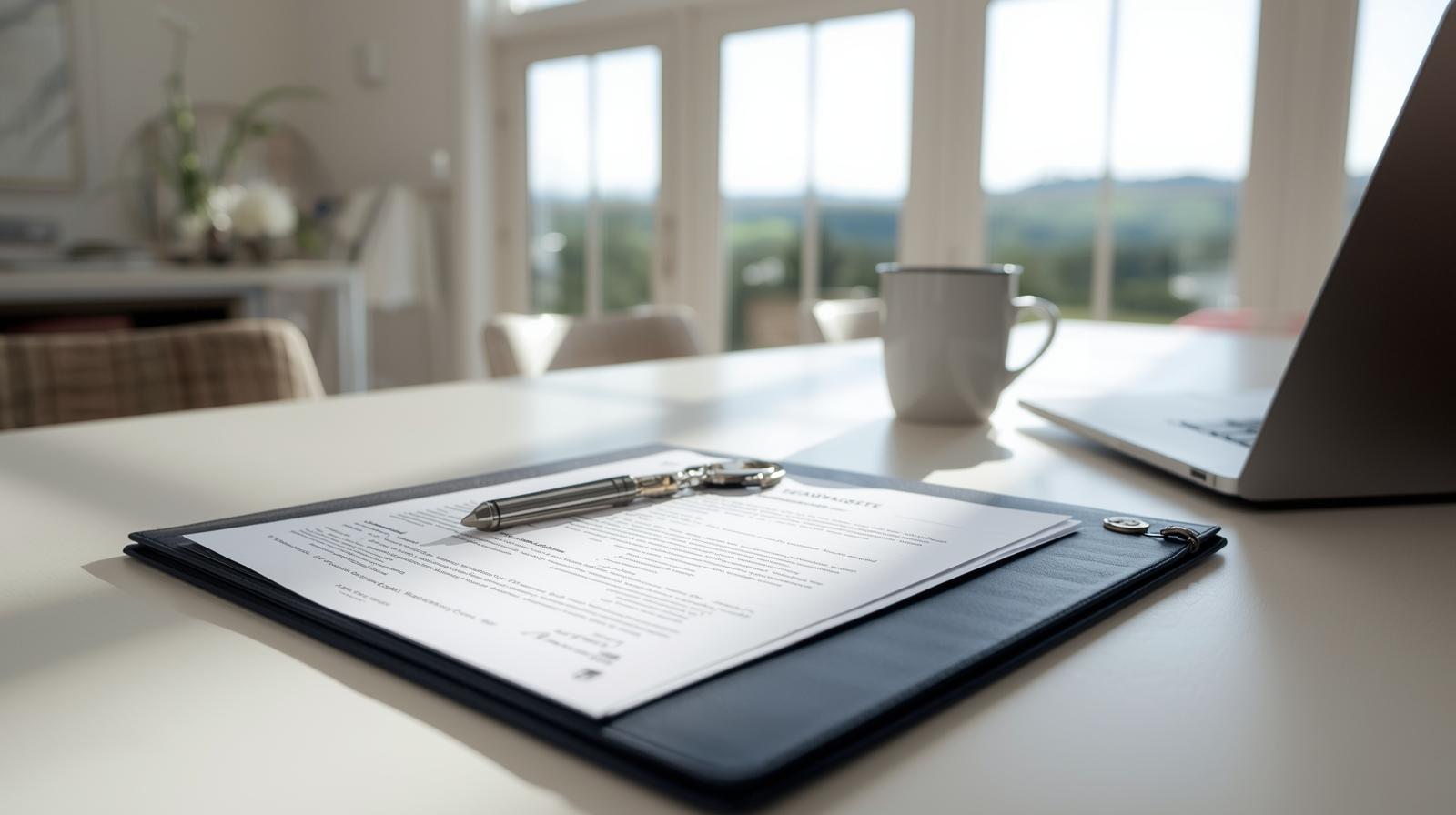 Sunlit dining table with home buying documents, a silver house key, navy folder, and laptop in a modern home with mountain views in the background.