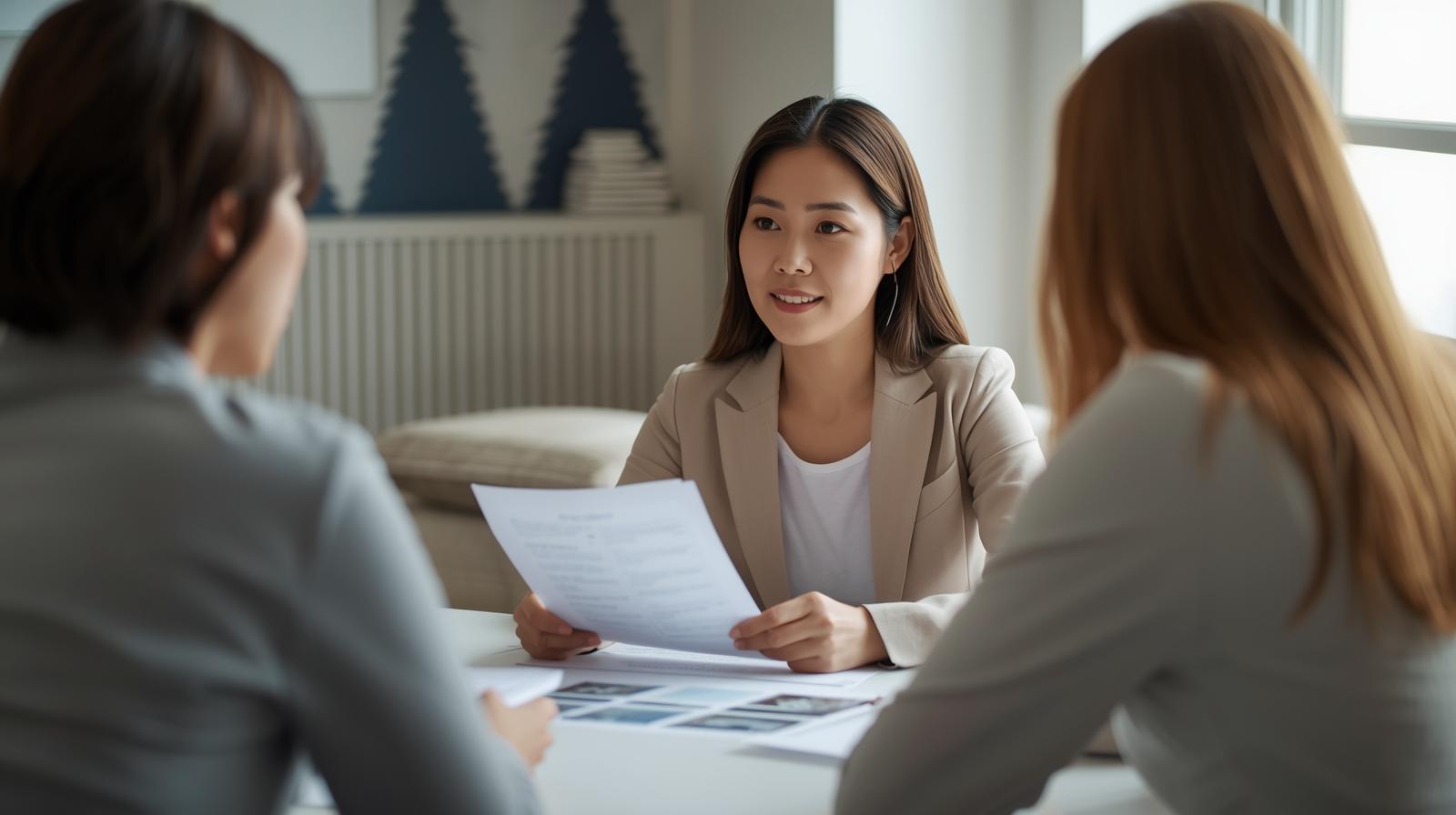 A real estate agent educating clients at a table, reviewing documents with transparency and professionalism