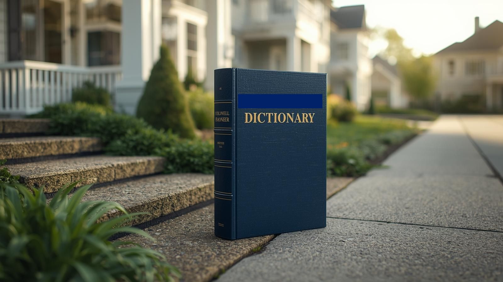 Real estate glossary concept image showing a dictionary in a residential neighborhood setting